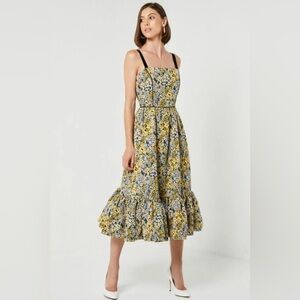 NWT Elliatt Alessia Dress in Ochre Multi Floral Midi Length Ruffle Hem Large